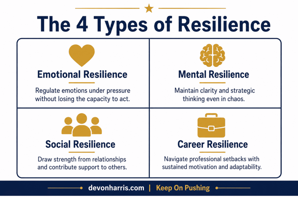 Infographic showing the 4 types of resilience: emotional, mental, social, and career resilience — Devon Harris