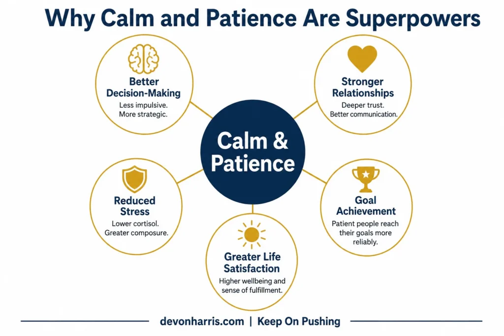 Infographic showing the key benefits of calm and patience in daily life — Devon Harris