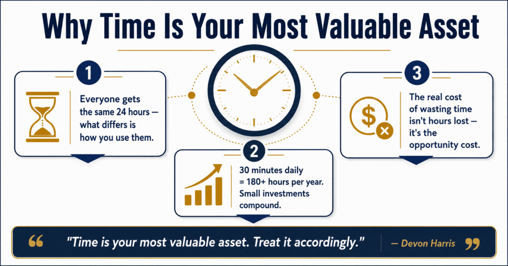Infographic showing the importance of time management and why valuing your time is essential for success — Devon Harris