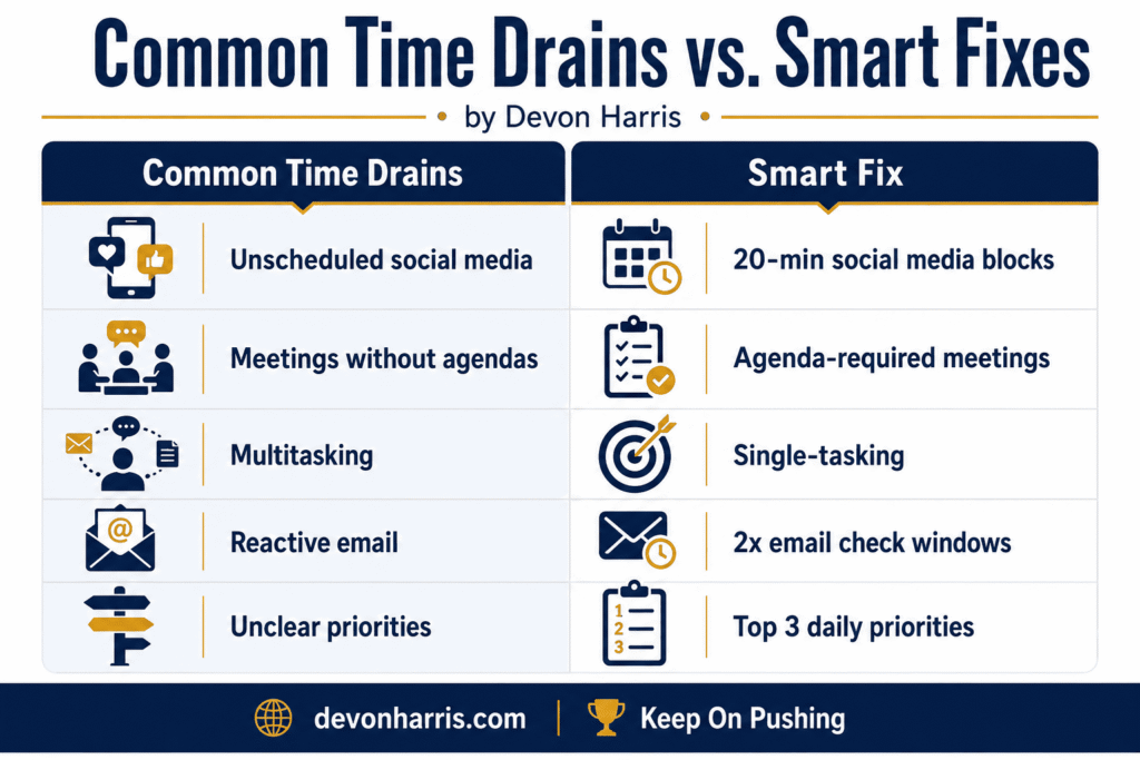 Infographic showing how to stop wasting time — common time drains and practical strategies to reclaim your hours