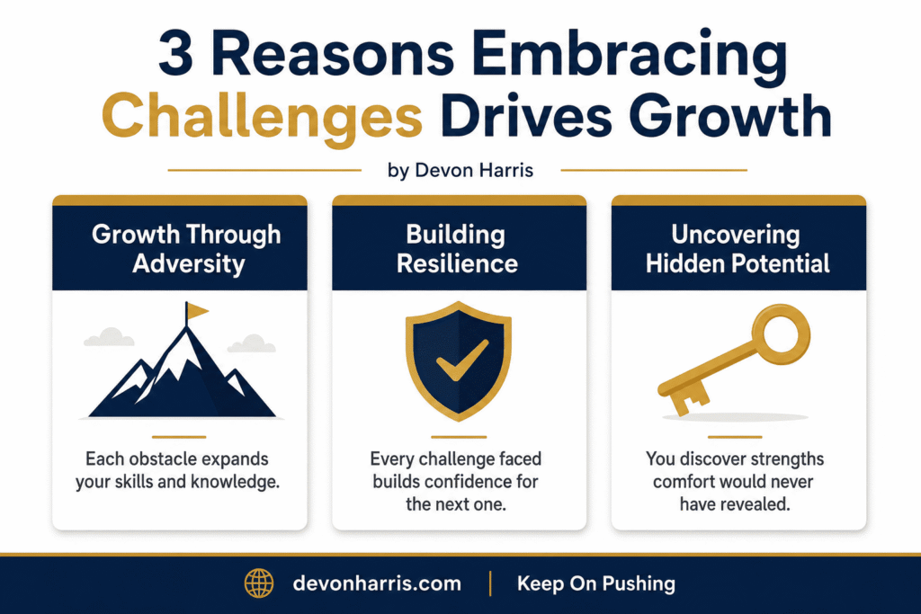Infographic showing 3 reasons to embrace challenges: growth through adversity, building resilience, uncovering hidden potential