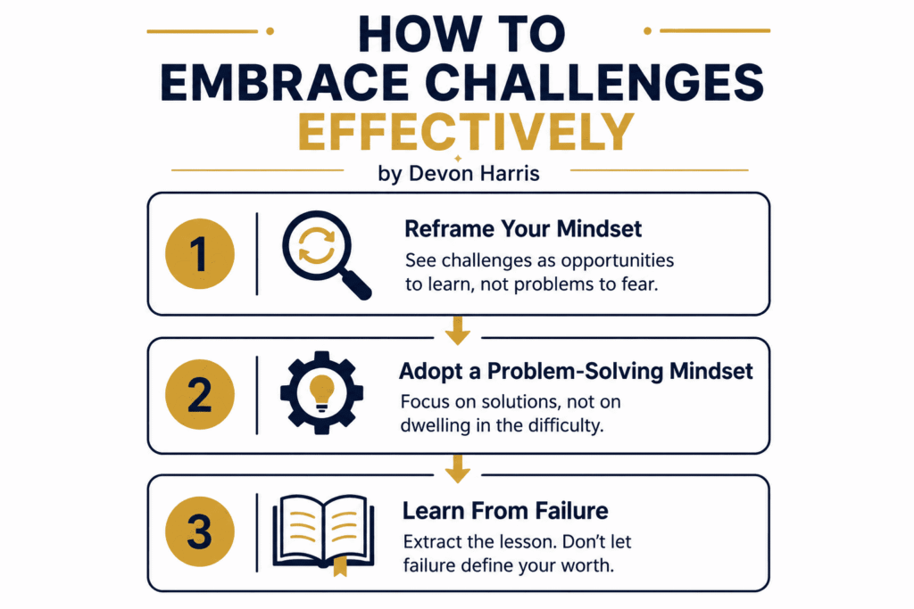 3-step infographic showing how to embrace challenges effectively: reframe your mindset, adopt a problem solving mindset, learn from failure