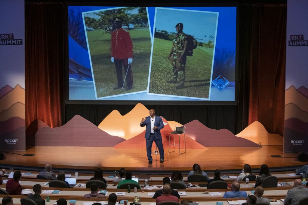 Devon Harris Olympic motivational keynote speaker engaging a corporate leadership audience